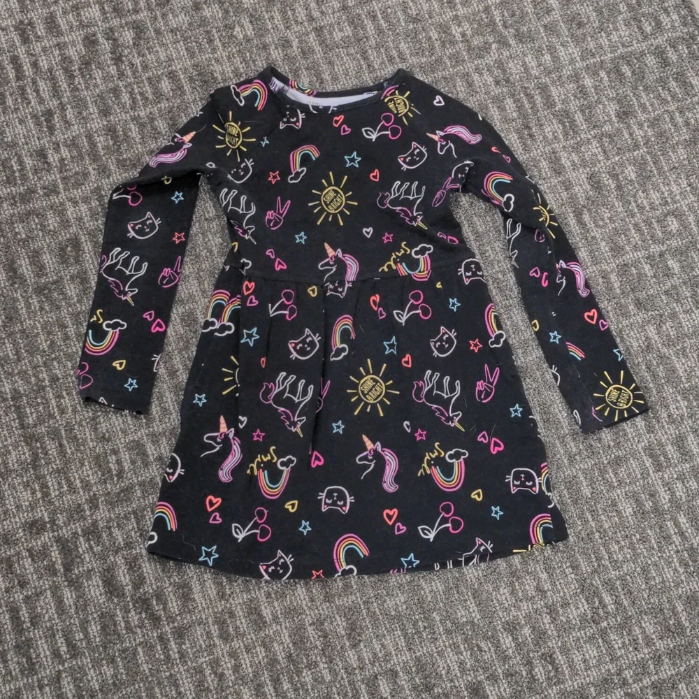 Rumi + Ryder Girls Black Long Sleeve Dress Unicorn Rainbow Graphic Size XS